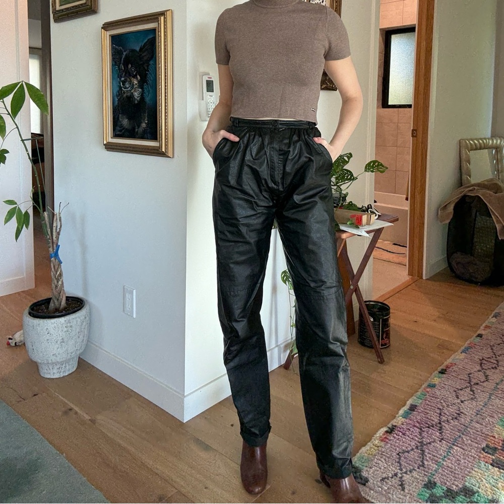 Black Leather High Waist Pants - XS